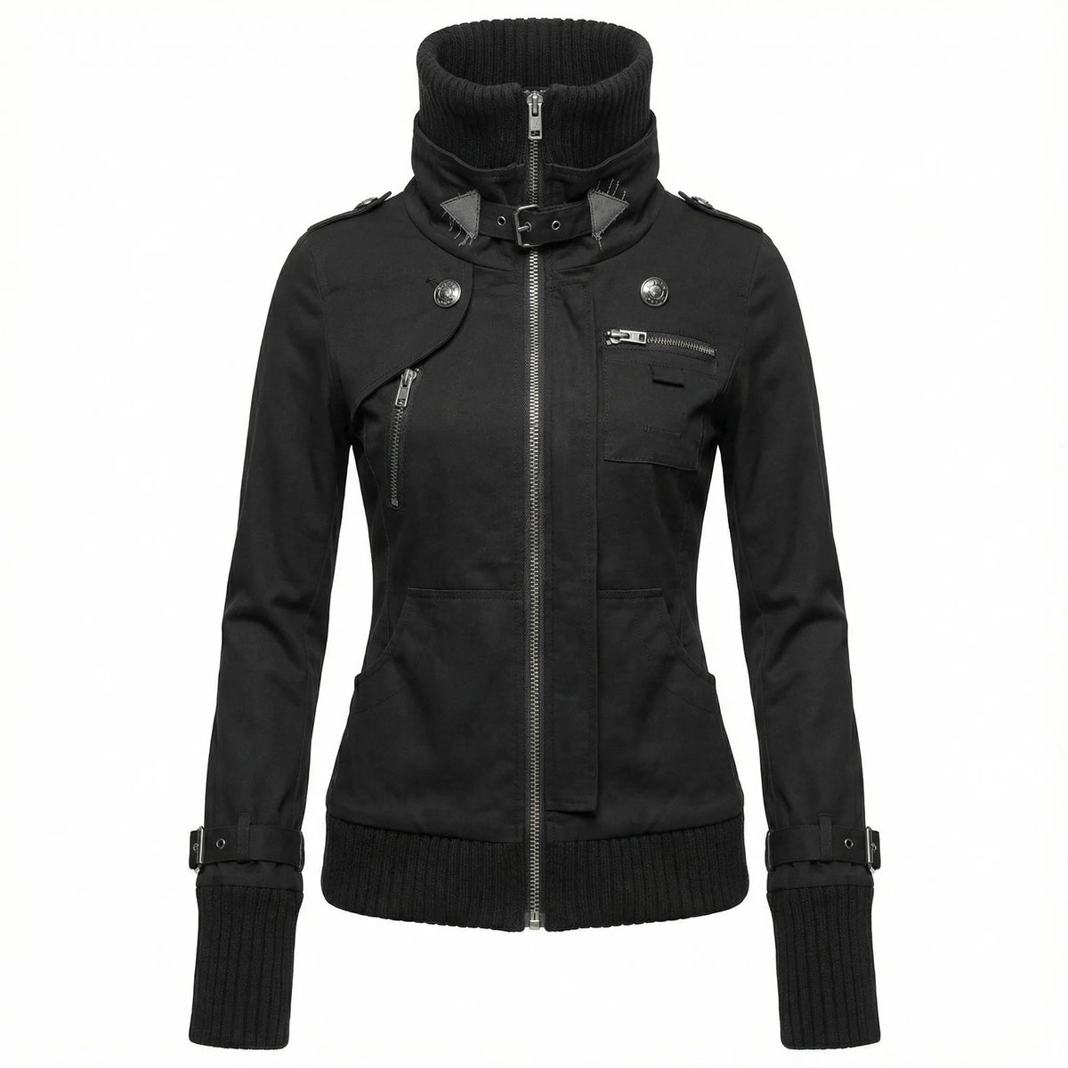 Giacca da donna casual nera con cappuccio Zip Upeatshirt Colletto in maglia a costine Manica lunga Autunno Inverno Streetwear Capispalla stile Y2K