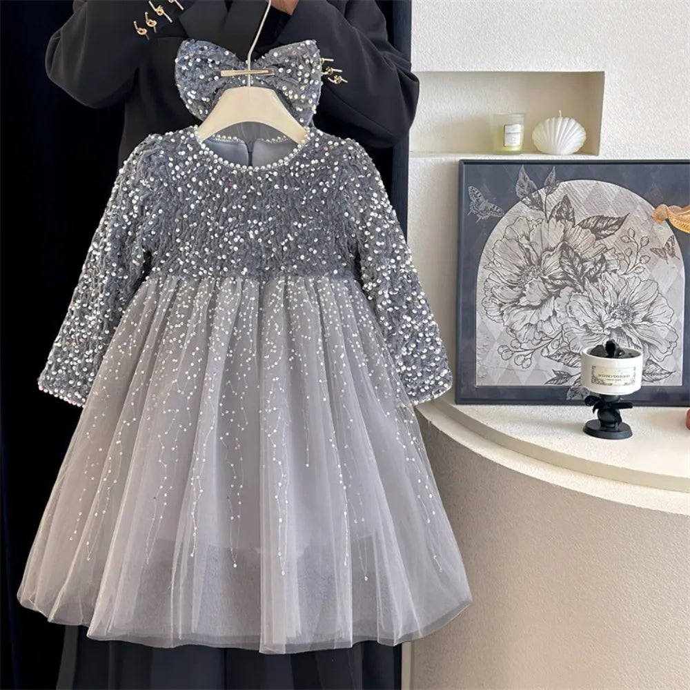 Abiti da ragazza Moda autunnale Nuova maglia patchwork con paillettes Abito da principessa a maniche lunghe Tinta unita Abbigliamento per bambini di Capodanno