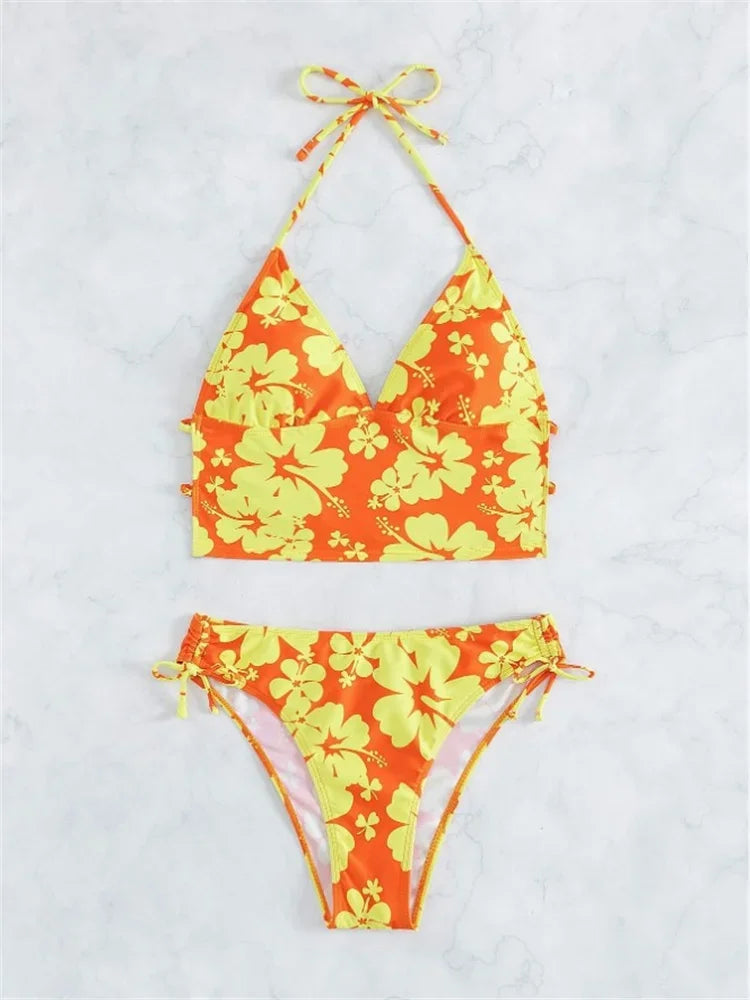 Costume da bagno sexy con stampa floreale gialla Set da donna Halter Push Up Crop Top Costume da bagno 2025 Costume da bagno da spiaggia con lacci Costumi da bagno a vita alta