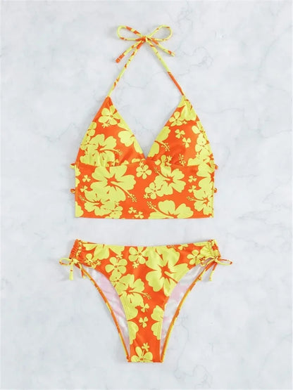 Costume da bagno sexy con stampa floreale gialla Set da donna Halter Push Up Crop Top Costume da bagno 2025 Costume da bagno da spiaggia con lacci Costumi da bagno a vita alta