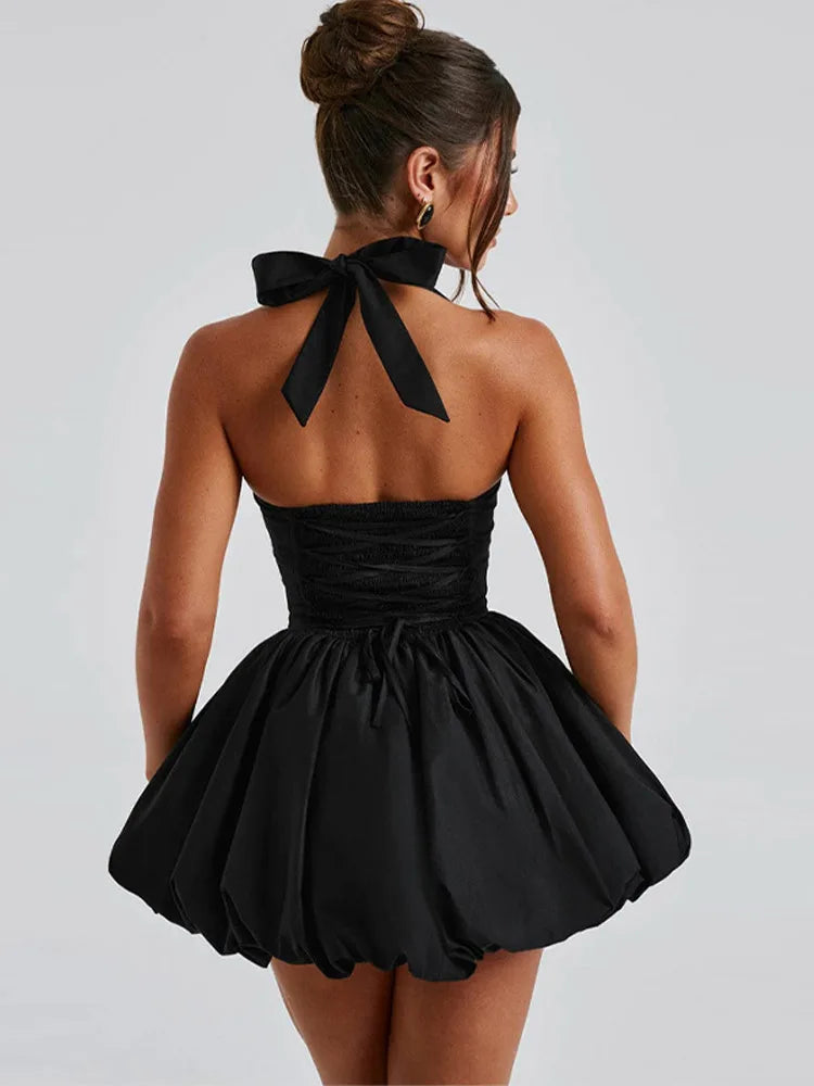 Sexy Halter Pieghettato Germoglio Mini Abito da Donna Senza Maniche Tubo Top Backless Fasciatura Solido Abiti da Festa 2025 Estate Autunno Abito da Sera
