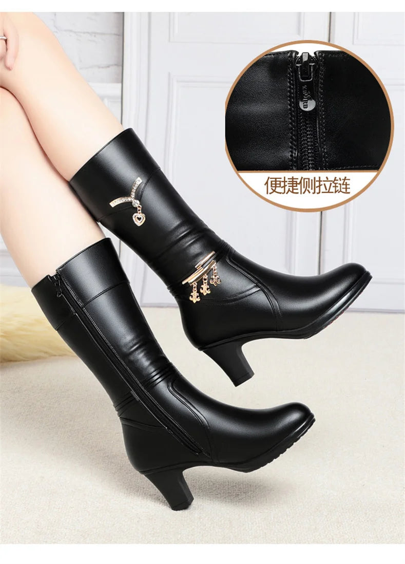Women Comfortable Fleece Medium Boots Autumn Winter New Style Thick Heel Side Zipper Pointed Fashion High Heels Boots