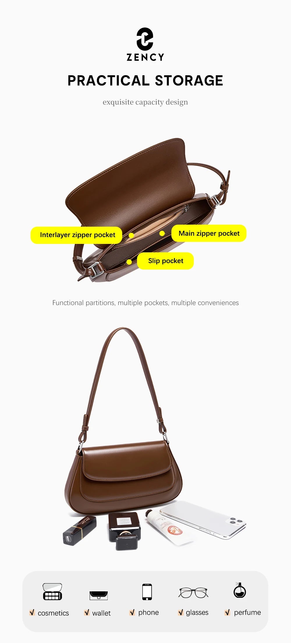 Borse di lusso Zency per donna, in vera pelle, stile francese, borsa a tracolla estiva da donna, borsa a spalla, borsa a tracolla sottobraccio.