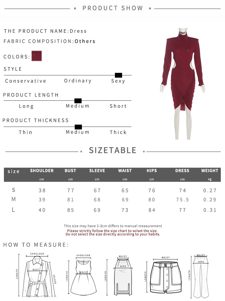 kliou Shirring Senza Vita Donne Mini Abiti Classico Solido Collo Alto Manica Lunga Irregolare Aderente Banchetto Femminile Festa Abito