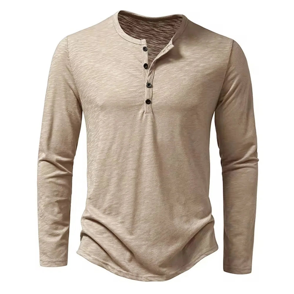 Camicia da uomo in cotone con bottoni e collo a Henley, manica lunga, bottoni casual, tinta unita, magliette alla moda