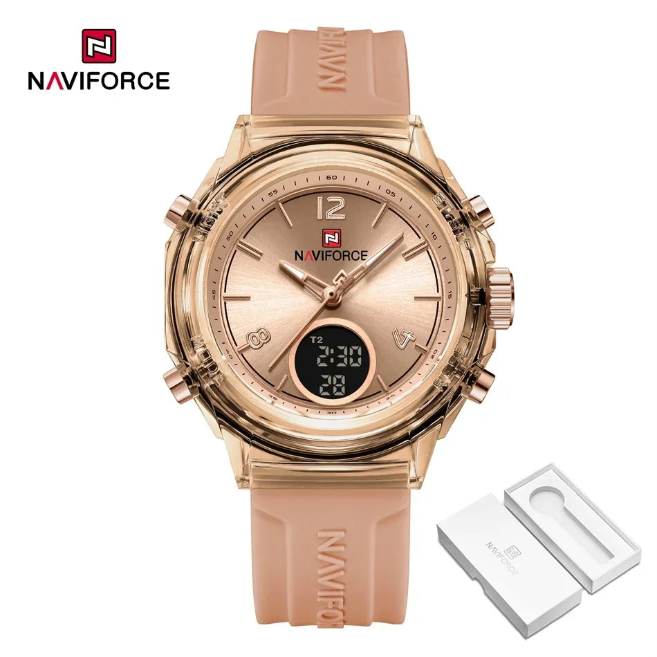 NAVIFORCE Orologio da donna di lusso Orologio sportivo all'aria aperta in oro Orologi impermeabili Doppio display dell'ora Orologi da polso al quarzo Orologio digitale in gomma