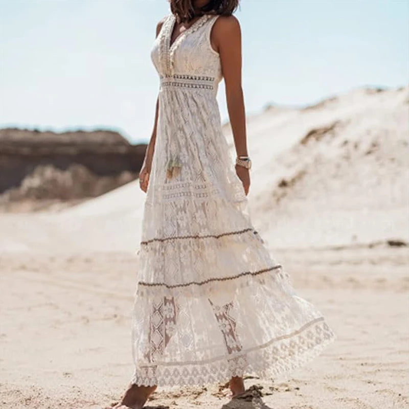 Women Summer Elegant Bohemian Maxi Dress Sleeveless Lace Trimmed Flared Dress Casual V-Neck Evening Party Long Dresses