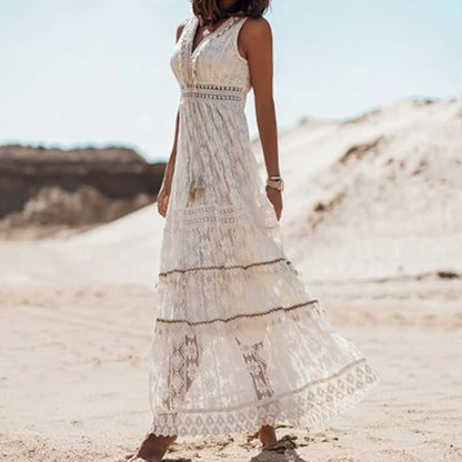 Women Summer Elegant Bohemian Maxi Dress Sleeveless Lace Trimmed Flared Dress Casual V-Neck Evening Party Long Dresses