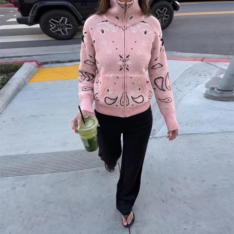 Cardigan da Donna in Maglia Stampata Casual, Maniche Lunghe, Cerniere, Colletto Alto, Tasche, Cappotti Autunno 2026, Abbigliamento Femminile Chic da Strada