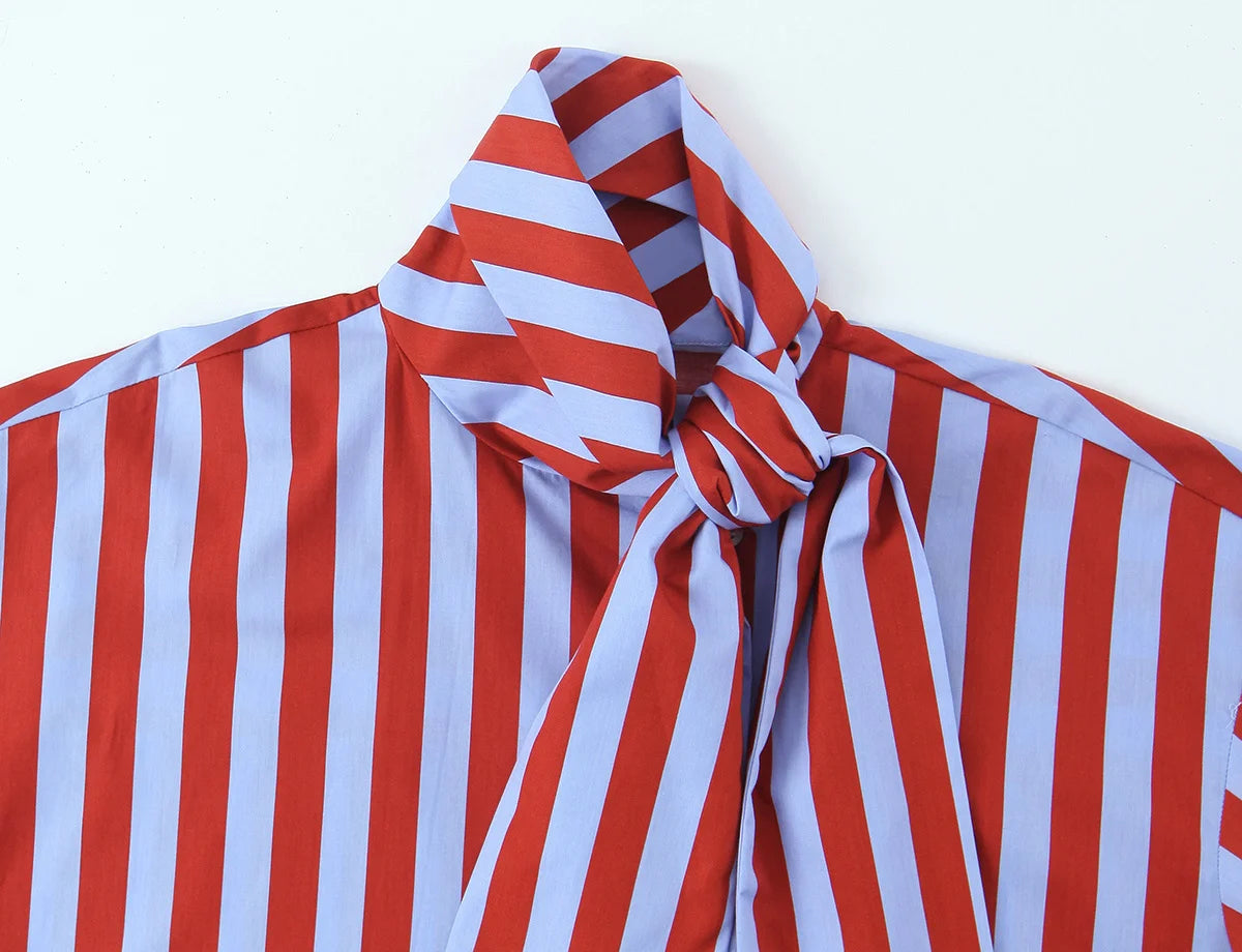 KONDALA Camicia Vintage a Righe con Fiocco da Donna, Casual, Asimmetrica, Moda Primavera 2026, Camicia Monopetto, Streetwear Chic Femminile