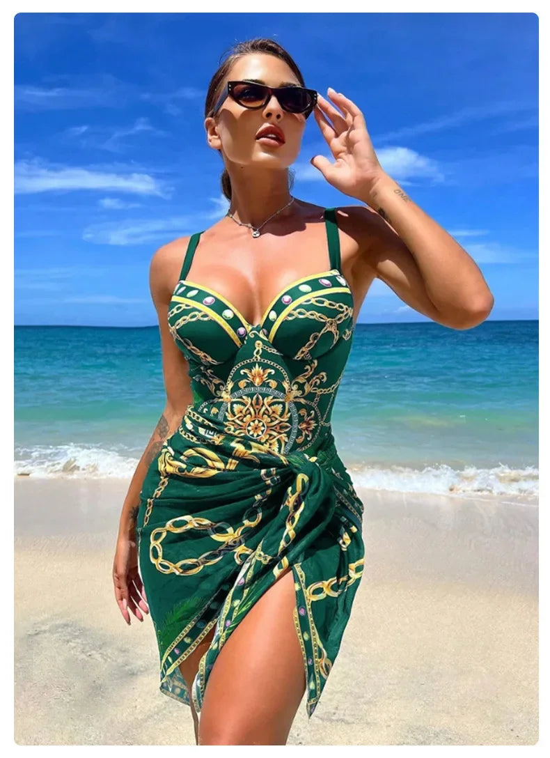 2025 Women One Piece Wired Monokini + Wrapped Skirt Black/Blue/Green Chain Printed Sexy Slim Fit Hanging Straps Hard Pack Bikini