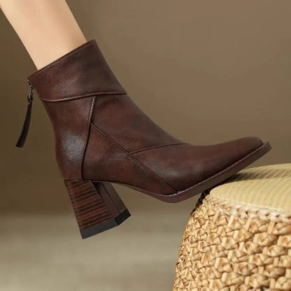 Woman Chunky Ankle Boots Women Zipper Retro Brown Soft Leather Short Boot Autumn New Square Toe Casual High Heel Booties Mujer