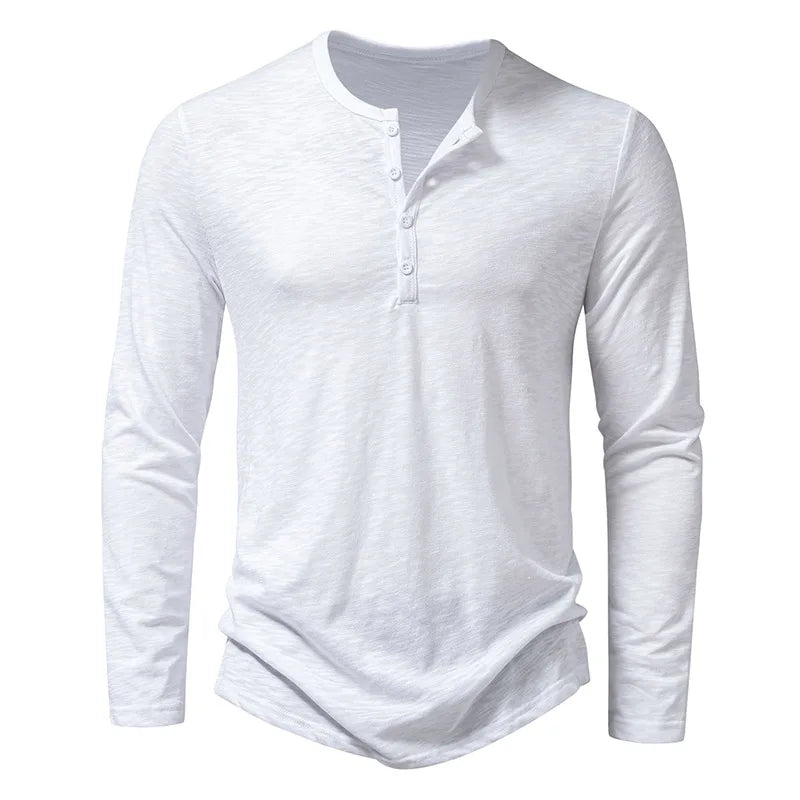 Camicia da uomo in cotone con bottoni e collo a Henley, manica lunga, bottoni casual, tinta unita, magliette alla moda