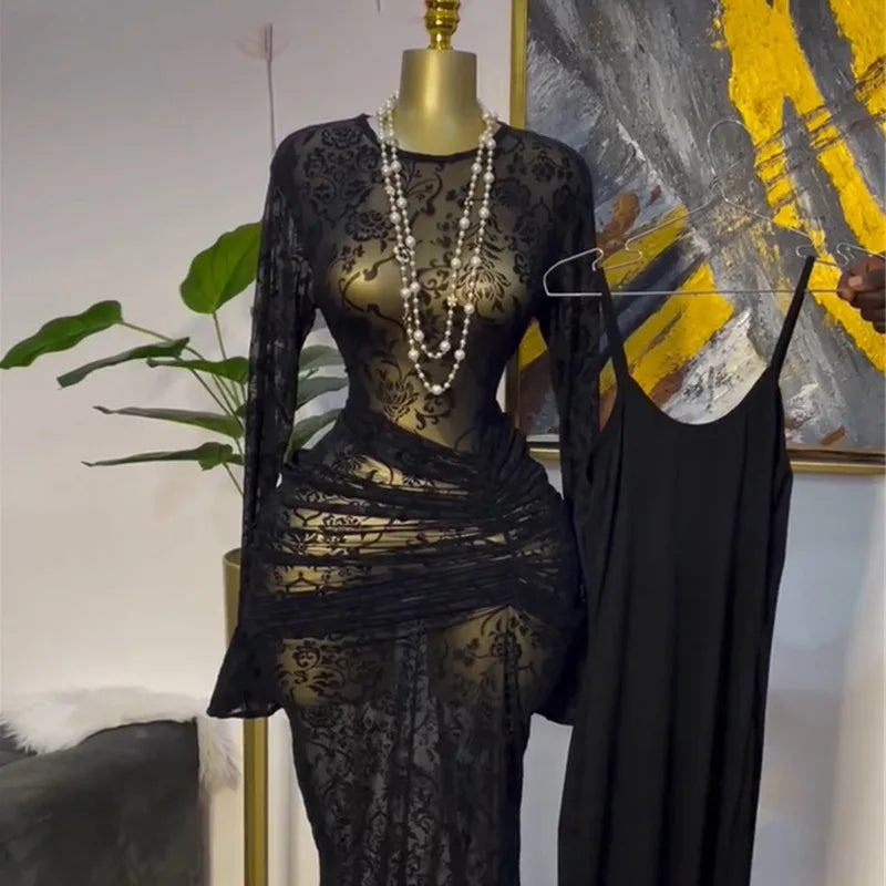 CM.YAYA Abito lungo aderente da donna a maniche lunghe in rete increspata trasparente con fodera 2025 Abiti da festa sexy per compleanno da sera autunnale