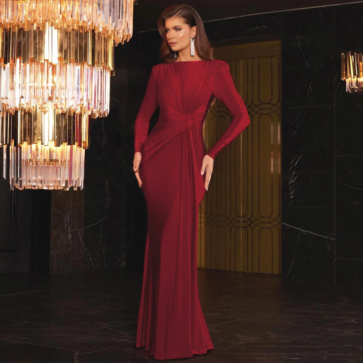 Abito da sera elegante da donna, manica lunga, o-collo, increspato, moda, abiti lunghi, donna, night club, streetwear, outfit autunnale