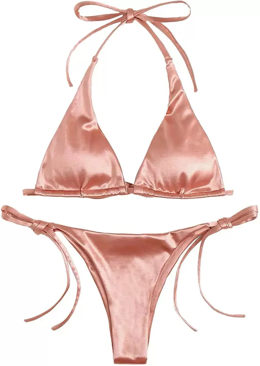 Sexy Halter Satin Brazilian Bikini Women Swimwear Female Swimsuit Two-pieces Bikini Set Bather Bathing Suit Swim Women Swimsuit