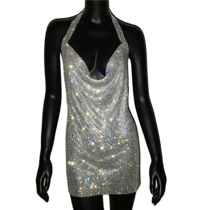 Mini abito sexy con scollo a V senza schienale per le donne Abiti da sera da club per feste con strass lucidi con scollo all'americana e spacco laterale