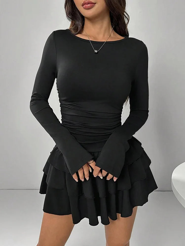 Autunno Inverno Tinta unita Slim Fit Increspature a cascata Mini abito Donna Elegante manica svasata Vita alta Abiti aderenti da festa sexy