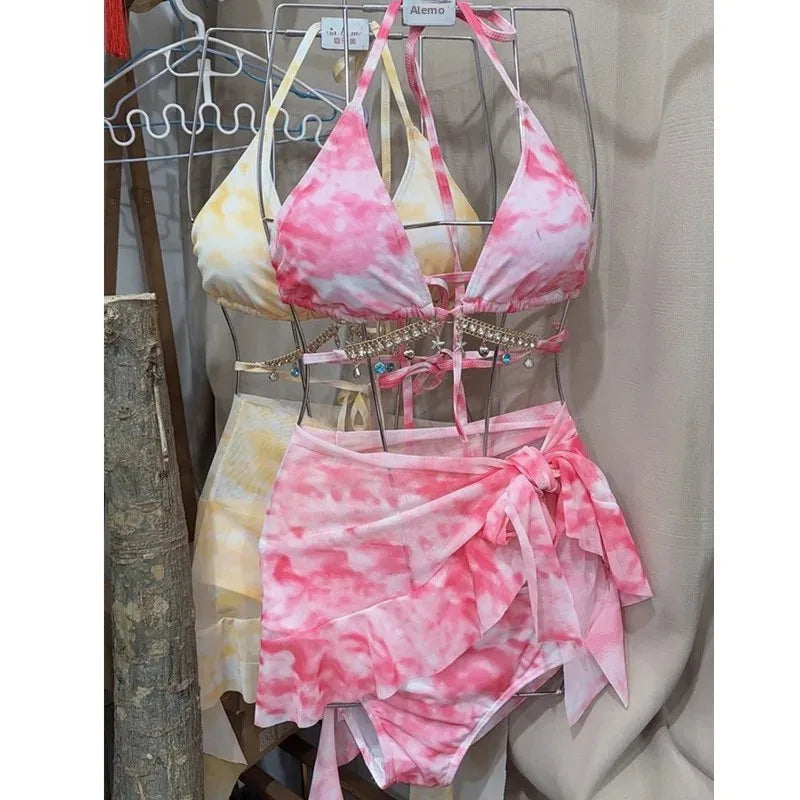 Costume da bagno bikini sexy per donna, stile vacanza al mare, mini abito a tre punti, piccolo petto snellente, ideale per il nuoto in spiaggia