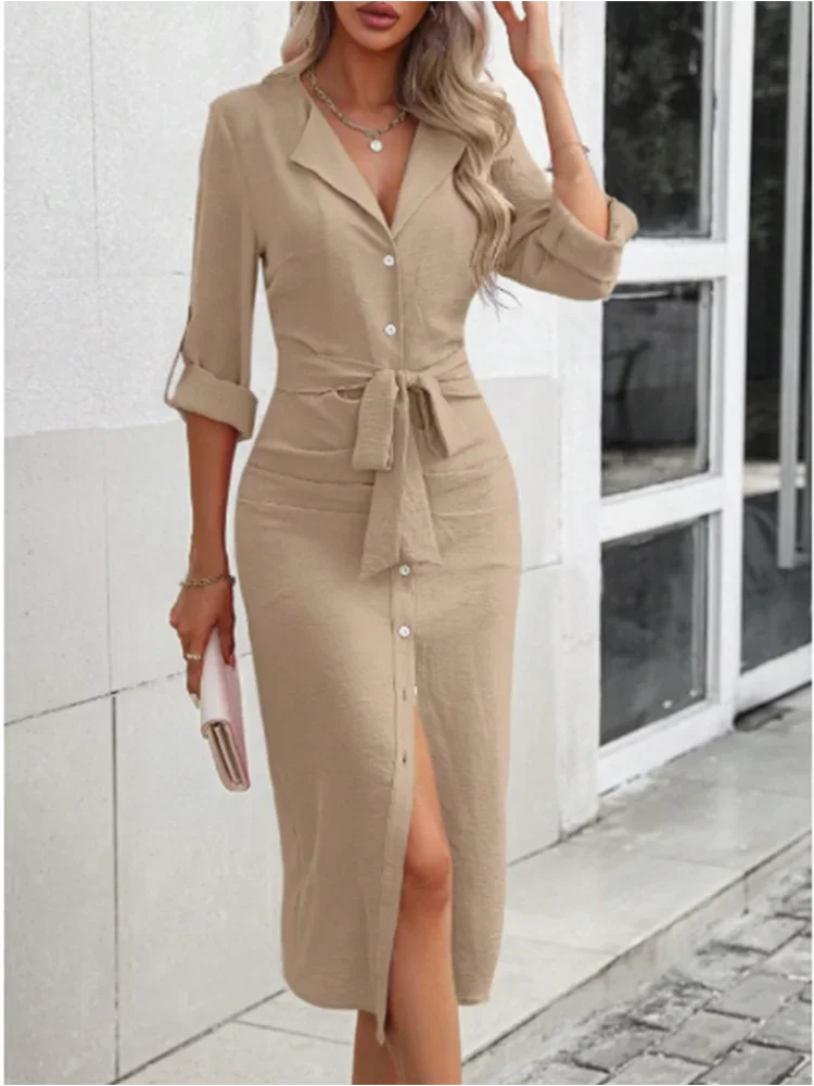 Abito da donna stile camicie tinta unita con scollo a V da ufficio Abito da donna a maniche lunghe con bottoni Abito elegante autunno primavera