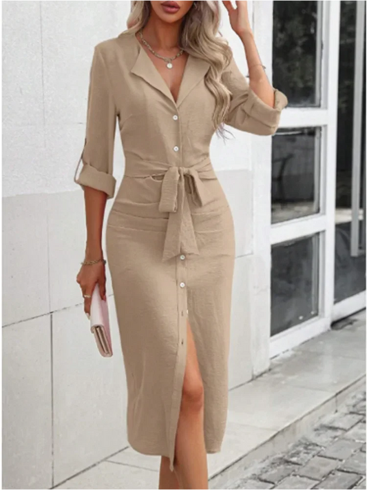 Abito da donna stile camicie tinta unita con scollo a V da ufficio Abito da donna a maniche lunghe con bottoni Abito elegante autunno primavera