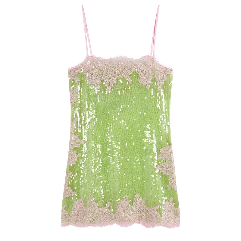 Abito Sexy con Paillettes e Pizzo, Vestito Estivo da Donna con Scollo a V Senza Maniche, Vita Alta, Mini Abito a Bretelle per Vacanze 2026