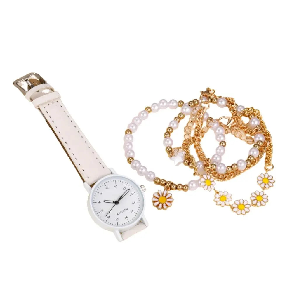 Set da 5 pezzi di nuovi set di orologi da polso fatti a mano con pentagramma creativo e margherita per ragazze