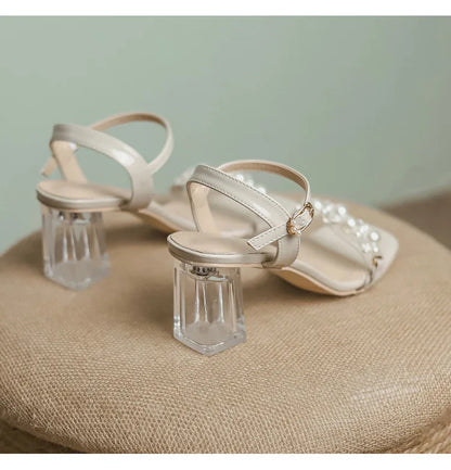 Damen-Sommersandalen 2026 Neu mit Perlen High Heels Pantoletten Mädchen mit Kristallabsatz Trendige transparente Sommerschuhe