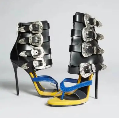 Sandales d'été à talons hauts pour femme, sandales à talons hauts pour femme avec bout pointu, décoration en métal, bride à boucle en PVC, tongs, chaussures sexy à talons hauts pour femme