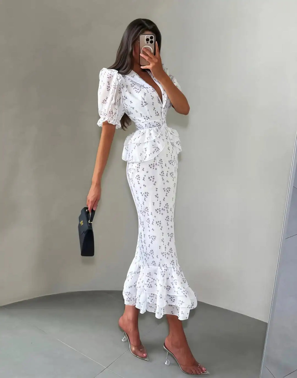 Abito lungo da donna con scollo a V, spacco alto, mezza manica, vestibilità slim, elegante, con vita accentuata e volant, perfetto per feste, vacanze ed estate