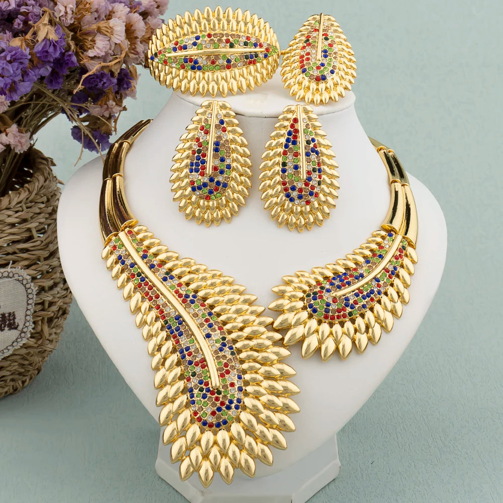 Parure de bijoux tendance et colorée pour femme, boucles d'oreilles et collier en zircon, grand bracelet plaqué or, bague, nouveau style, cadeau de bijoux