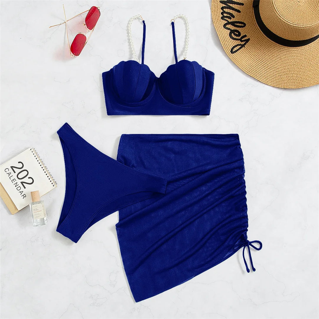 S - XL perle Bikini Push Up costume da bagno donna costumi da bagno donna Bikini a tre pezzi con reggiseno coppa bagnante costume da bagno Swim V4302