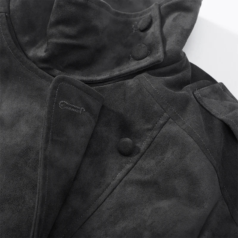 Giacca bomber da donna in camoscio grigio scuro, con colletto alla coreana, maniche lunghe, oversize, asimmetrica, stile street, giacche da donna autunno 2026