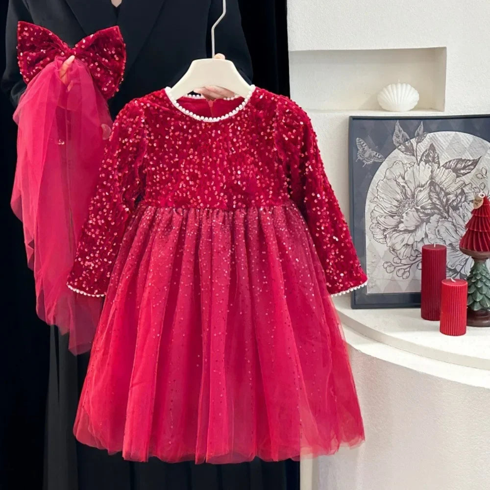 Abiti da ragazza Moda autunnale Nuova maglia patchwork con paillettes Abito da principessa a maniche lunghe Tinta unita Abbigliamento per bambini di Capodanno