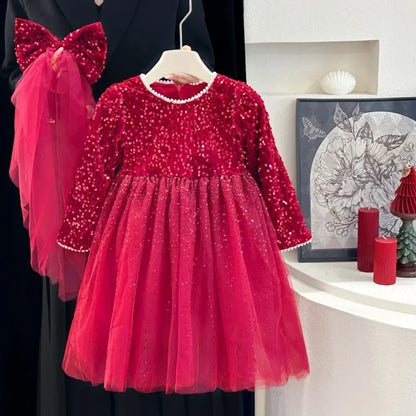 Abiti da ragazza Moda autunnale Nuova maglia patchwork con paillettes Abito da principessa a maniche lunghe Tinta unita Abbigliamento per bambini di Capodanno