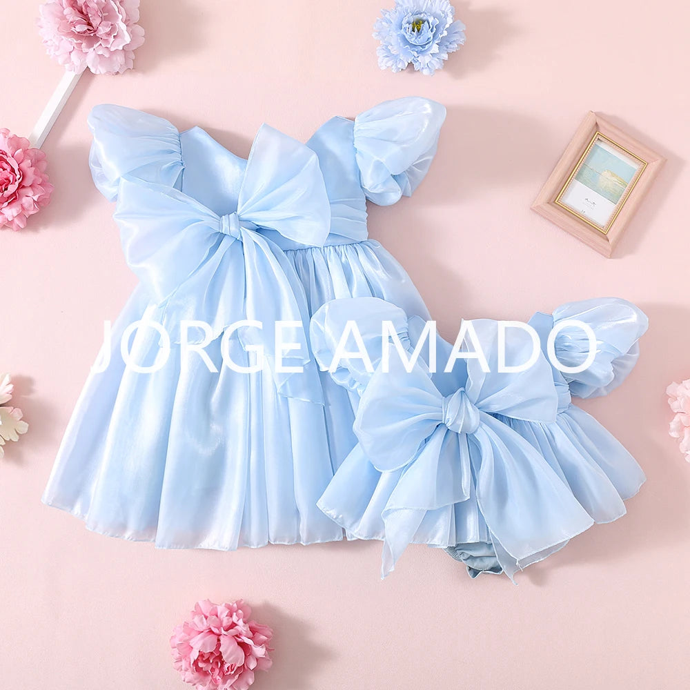Completi Estivi Coordinati per Gemelle, Body a Maniche Corte con Grande Fiocco, Abiti Principessa con Schiena Scoperta, Abbigliamento per Bambine H0404