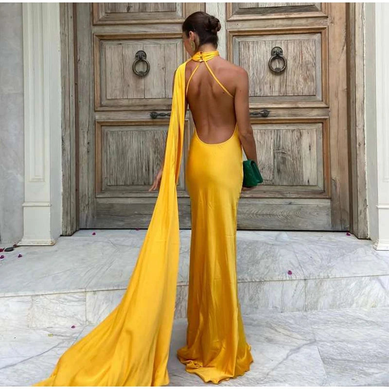 Elegante Abito Lungo da Festa in Raso con Nastro, Vestito Femminile Senza Maniche con Schiena Scoperta, Abiti Chic da Sera Primavera-Estate 2026