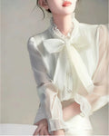 Camicie da donna in Chiffon estate 2023 camicette a maniche lunghe solide Y2k allentate con fiocco coreano nuovo Casual Blusa