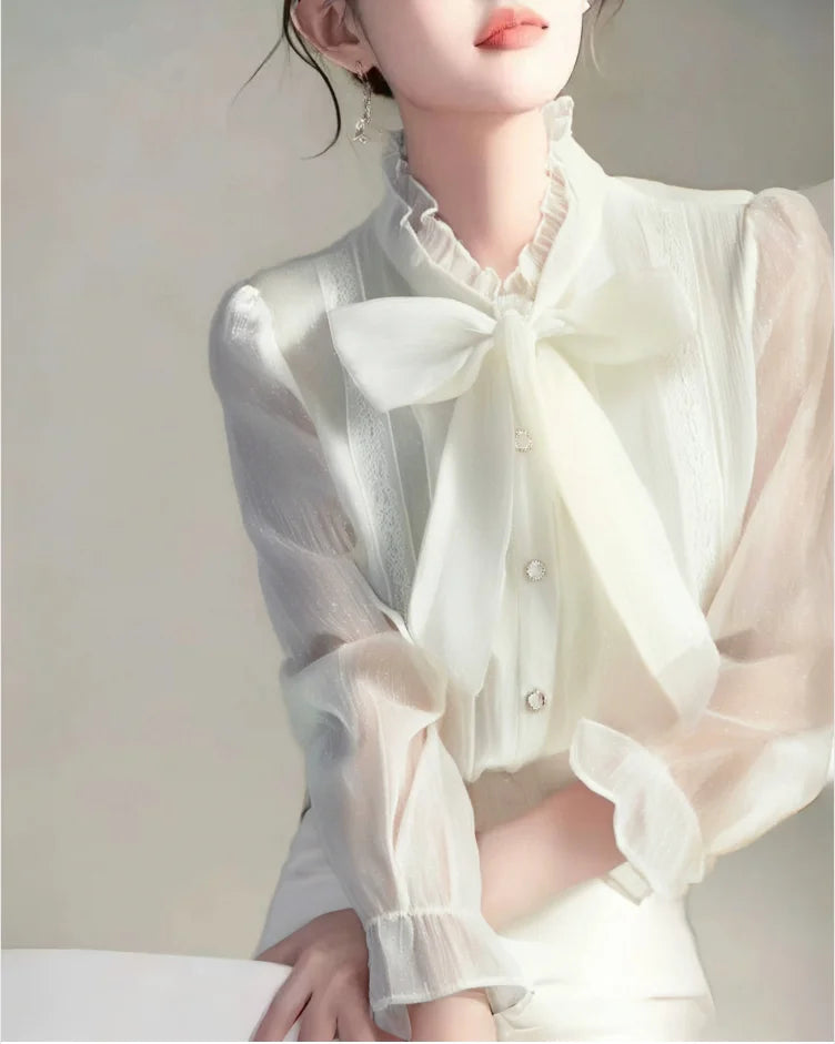 Camicie da donna in Chiffon estate 2023 camicette a maniche lunghe solide Y2k allentate con fiocco coreano nuovo Casual Blusa