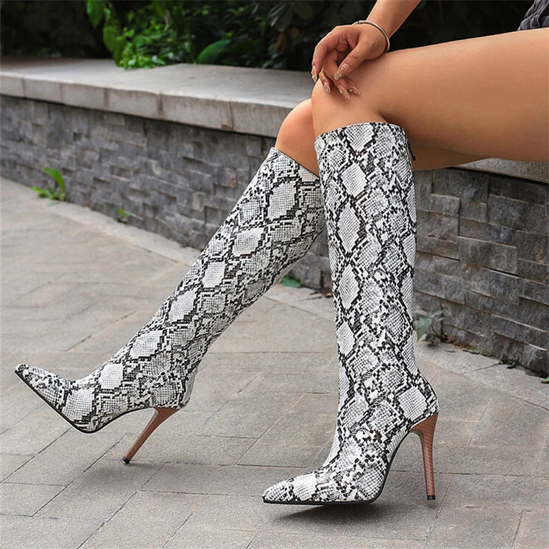 2025 White Snake Print Leather Knee High Boots Thin Heel Zipper Sexy Party Shoe Pointy Toe Thigh High Woman Long Boot Size 34-43