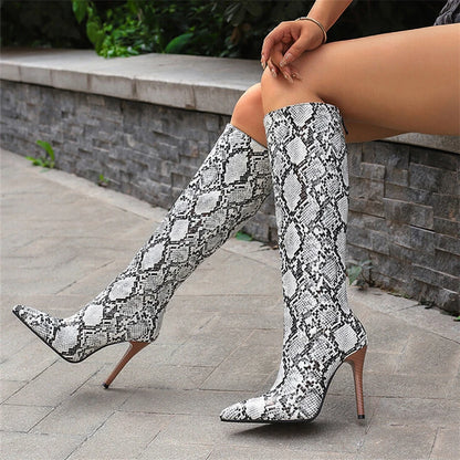 2025 White Snake Print Leather Knee High Boots Thin Heel Zipper Sexy Party Shoe Pointy Toe Thigh High Woman Long Boot Size 34-43