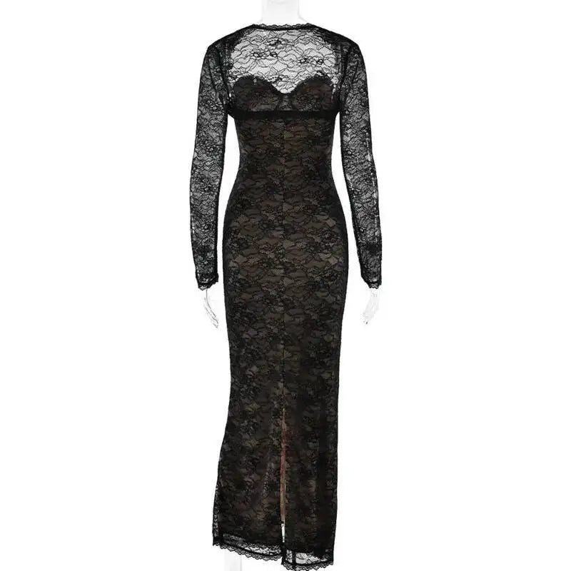 Townlike pizzo sottile aderente maxi abito lungo donna 2025 estate autunno inverno abito discoteca abiti da festa sexy con fodera a scialle
