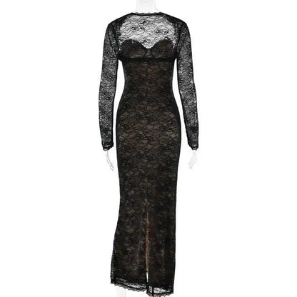 Townlike pizzo sottile aderente maxi abito lungo donna 2025 estate autunno inverno abito discoteca abiti da festa sexy con fodera a scialle