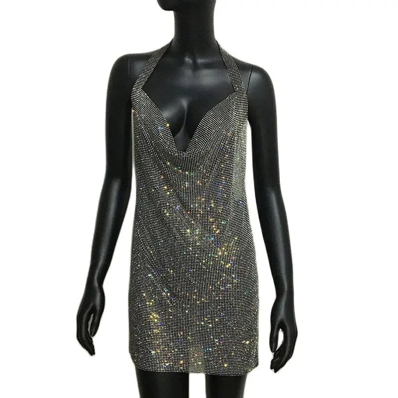 Mini abito sexy con scollo a V senza schienale per le donne Abiti da sera da club per feste con strass lucidi con scollo all'americana e spacco laterale