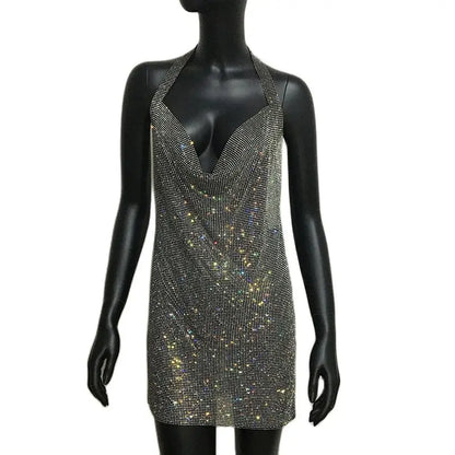 Mini abito sexy con scollo a V senza schienale per le donne Abiti da sera da club per feste con strass lucidi con scollo all'americana e spacco laterale