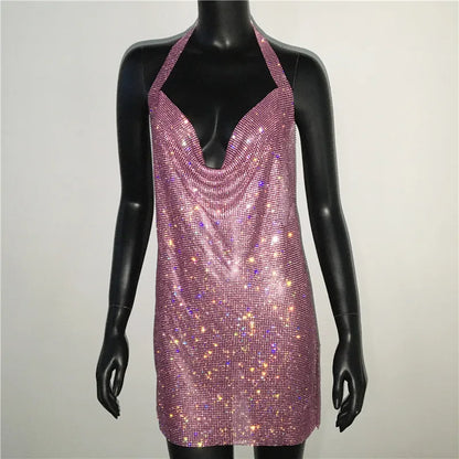 Mini abito sexy con scollo a V senza schienale per le donne Abiti da sera da club per feste con strass lucidi con scollo all'americana e spacco laterale