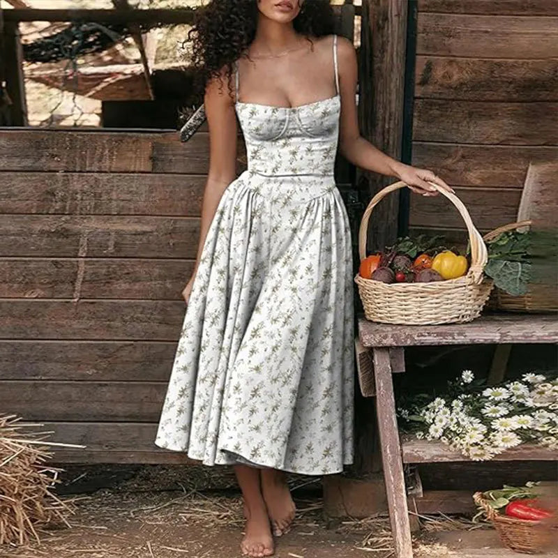 2024 Estate Sexy Della Cinghia di Spaghetti Abiti Lunghi Sottile Francese Vintage Elegantes Stile Della Bretella Vestito Da Partito Abiti Robes Longues