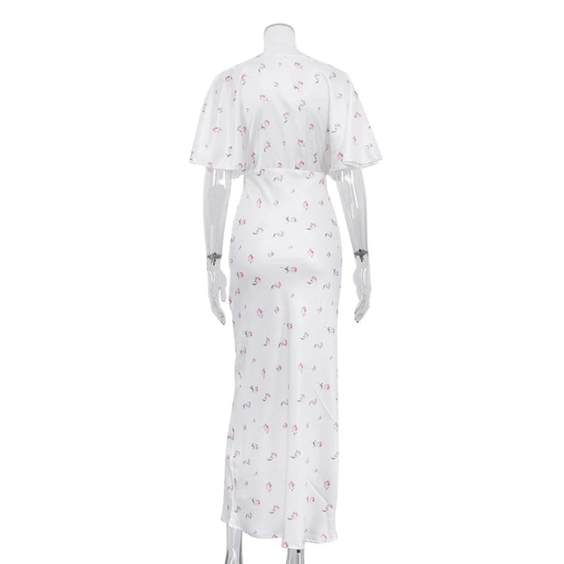 Abito lungo da donna con scollo a V, spacco alto, mezza manica, vestibilità slim, elegante, con vita accentuata e volant, perfetto per feste, vacanze ed estate