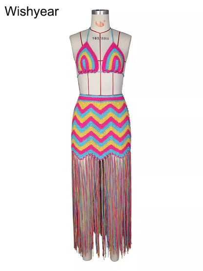 Ensembles sexy d'été tricotés 2 pièces pour femmes, haut de bikini au crochet et jupe à glands avec lacets, tenues de soirée pour la plage et les clubs