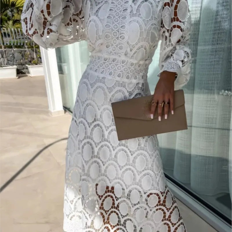 Abito lungo con maniche a sbuffo in pizzo da donna 2025 Primavera elegante nuovi abiti slim a vita alta con colletto alla coreana alla moda